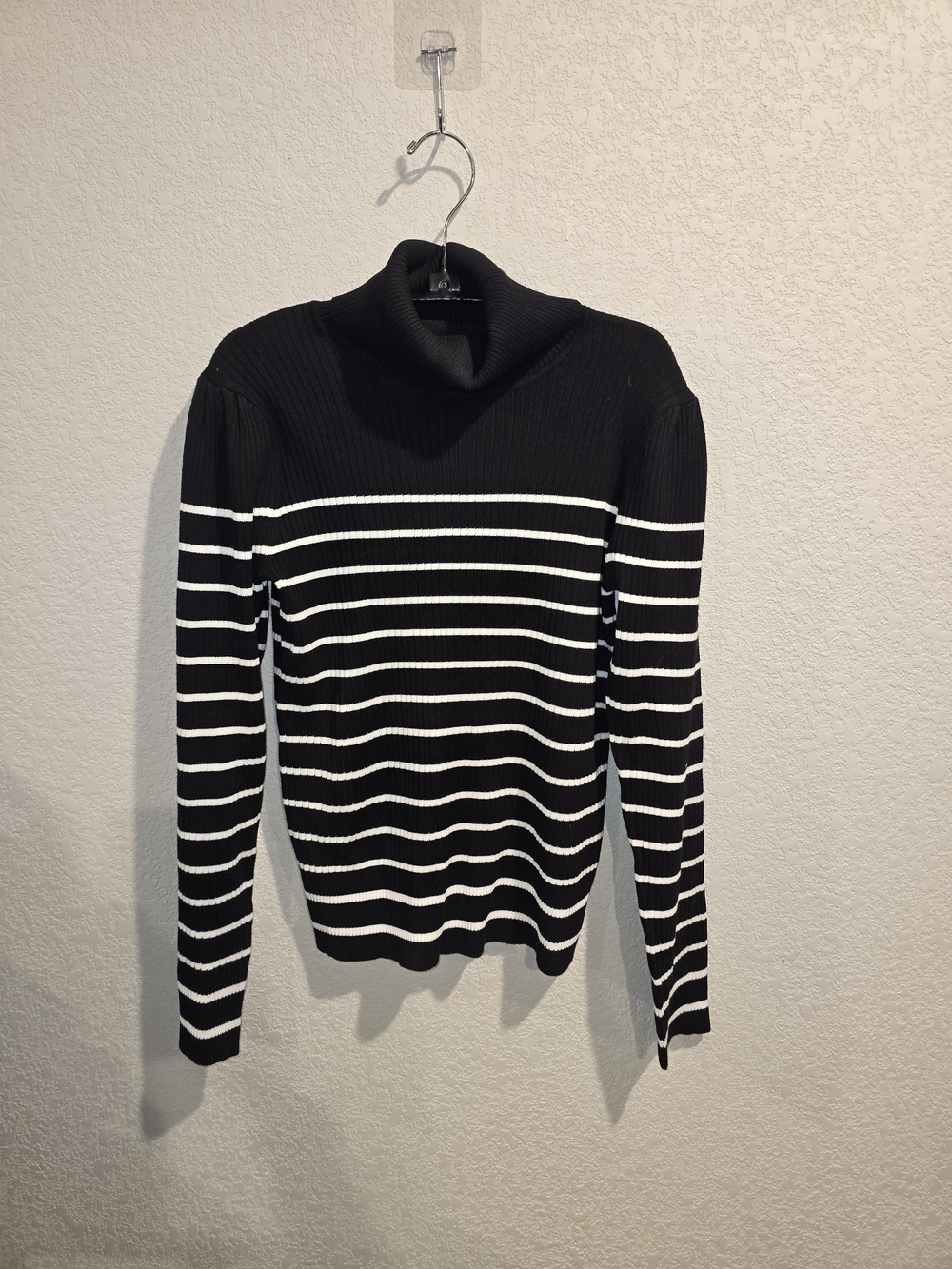 Magaschoni Black & White Striped Turtleneck Ribbed Knit Sweater - Size Medium